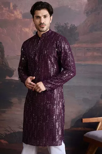 Men's stylish chikankari purple kurta with sequins accents