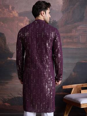 Men's stylish chikankari purple kurta with sequins accents 3