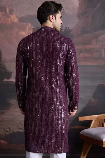 Men's stylish chikankari purple kurta with sequins accents