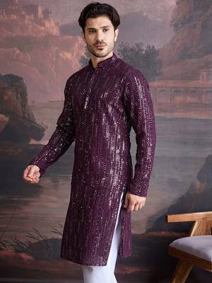 Men's stylish chikankari purple kurta with sequins accents 4