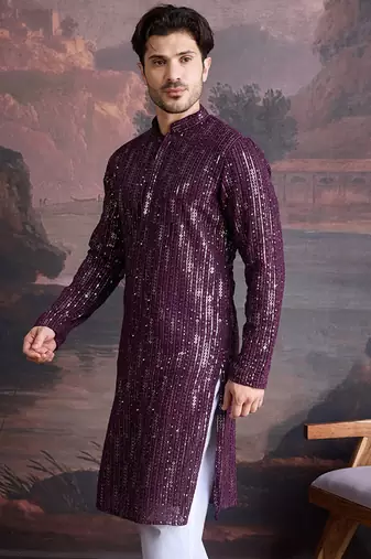 Men's stylish chikankari purple kurta with sequins accents