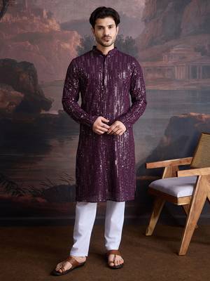 Men's stylish chikankari purple kurta with sequins accents 5