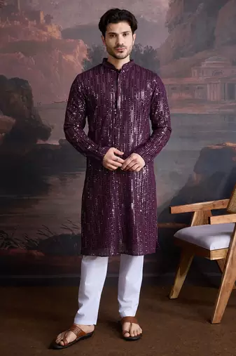 Men's stylish chikankari purple kurta with sequins accents
