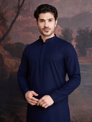 men's cotton chikankari stylish kurta in deep blue 1