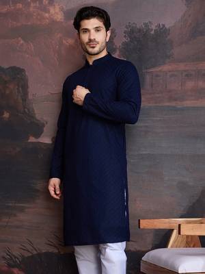 men's cotton chikankari stylish kurta in deep blue 2