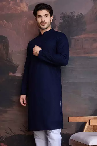 men's cotton chikankari stylish kurta in deep blue