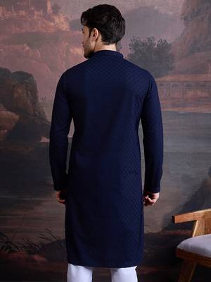 men's cotton chikankari stylish kurta in deep blue 3