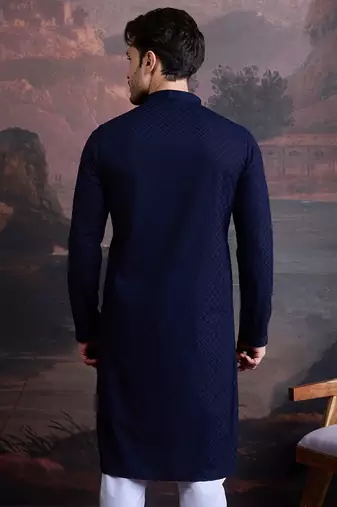 men's cotton chikankari stylish kurta in deep blue