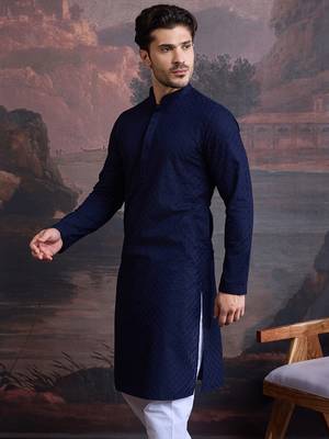men's cotton chikankari stylish kurta in deep blue 4