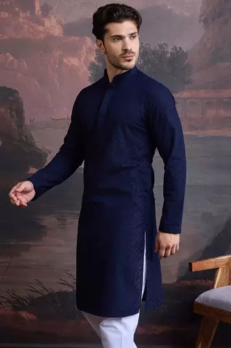 men's cotton chikankari stylish kurta in deep blue