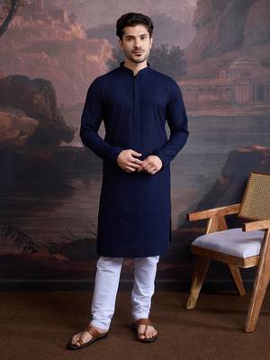 men's cotton chikankari stylish kurta in deep blue 5