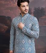 men's designer art silk blue  kurta with sequins accent