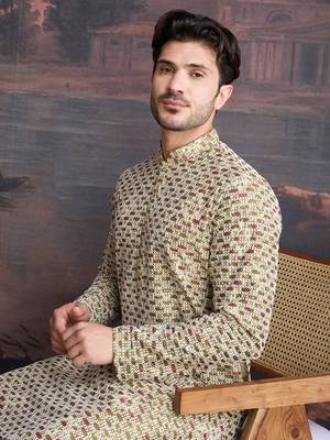 men's designer art silk gold kurta  with sequins accent 1