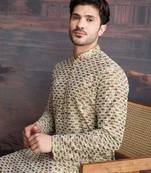 men's designer art silk gold kurta  with sequins accent