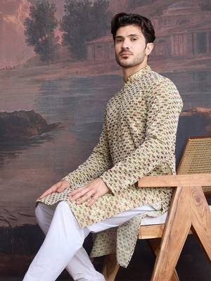 men's designer art silk gold kurta  with sequins accent 2