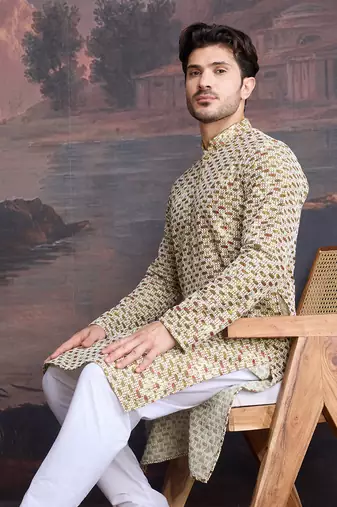 men's designer art silk gold kurta  with sequins accent