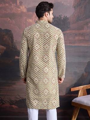 men's designer art silk gold kurta  with sequins accent 3