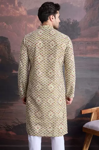 men's designer art silk gold kurta  with sequins accent