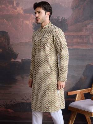 men's designer art silk gold kurta  with sequins accent 4