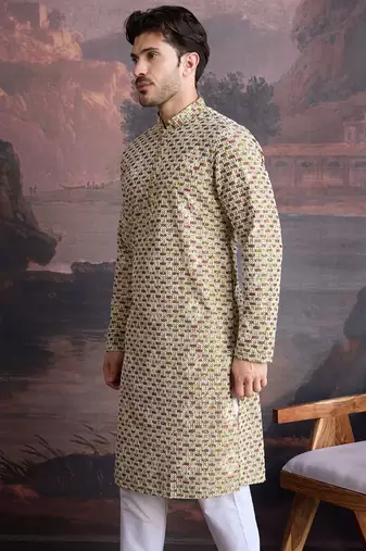 men's designer art silk gold kurta  with sequins accent