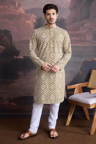 men's designer art silk gold kurta  with sequins accent