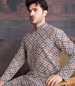 men's designer art silk maroon kurta with sequins accent