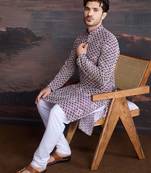 men's designer printed cotton purple kurta with sequins accent