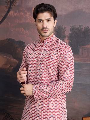men's designer cotton red kurta  with sequins accent 1