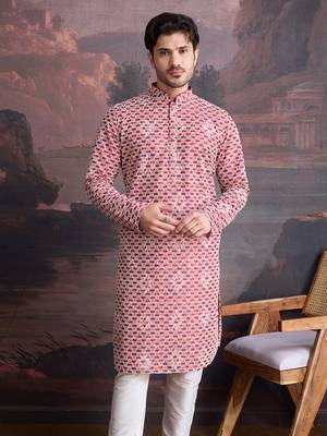 men's designer cotton red kurta  with sequins accent 2