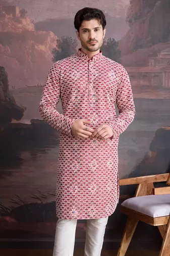 men's designer cotton red kurta  with sequins accent