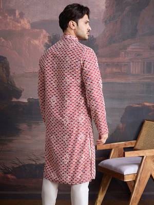 men's designer cotton red kurta  with sequins accent 3