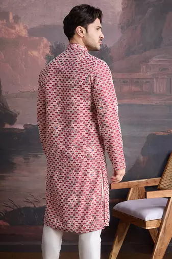 men's designer cotton red kurta  with sequins accent