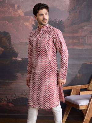 men's designer cotton red kurta  with sequins accent 4