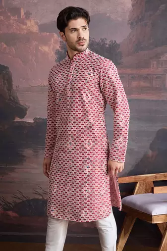 men's designer cotton red kurta  with sequins accent
