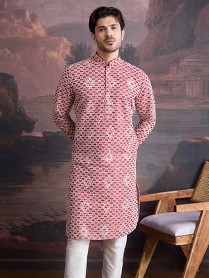 men's designer cotton red kurta  with sequins accent 5