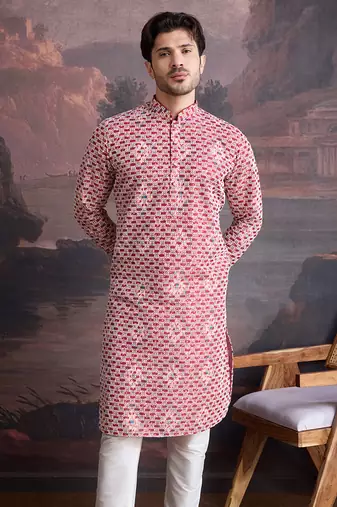 men's designer cotton red kurta  with sequins accent