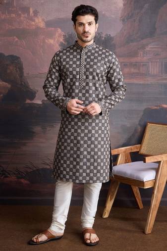 men's cotton chikankari stylish kurta  in black