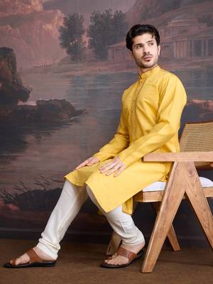 Men's stylish & designer yellow woven kurta set 1