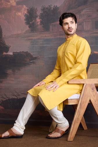 Men's stylish & designer yellow woven kurta set