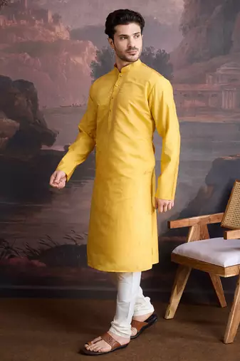 Men's stylish & designer yellow woven kurta set