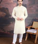 Men's stylish & designer cream white woven kurta set