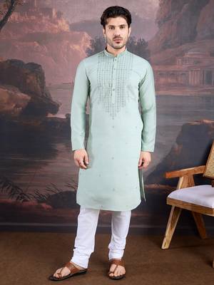Men's stylish & designer light green woven kurta set 1