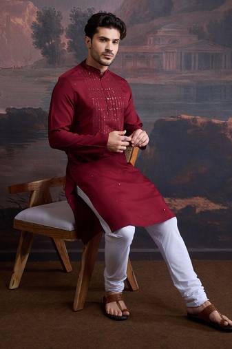 Men's stylish & designer maroon woven kurta set