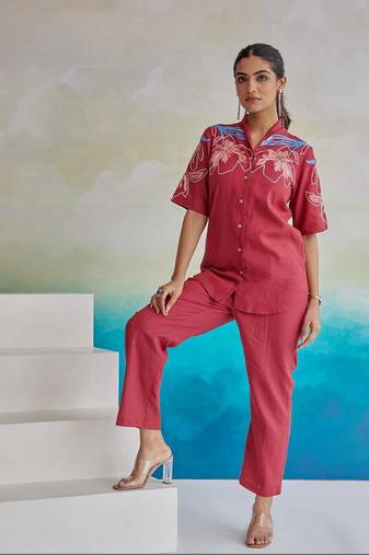Tushki crimson embroidery cotton co-ord set
