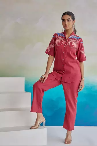 Tushki crimson embroidery cotton co-ord set