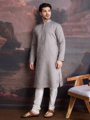 Men's stylish & designer grey woven kurta set 4