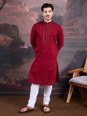 Men's stylish & premium maroon woven kurta set 1