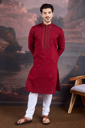 Men's stylish & premium maroon woven kurta set