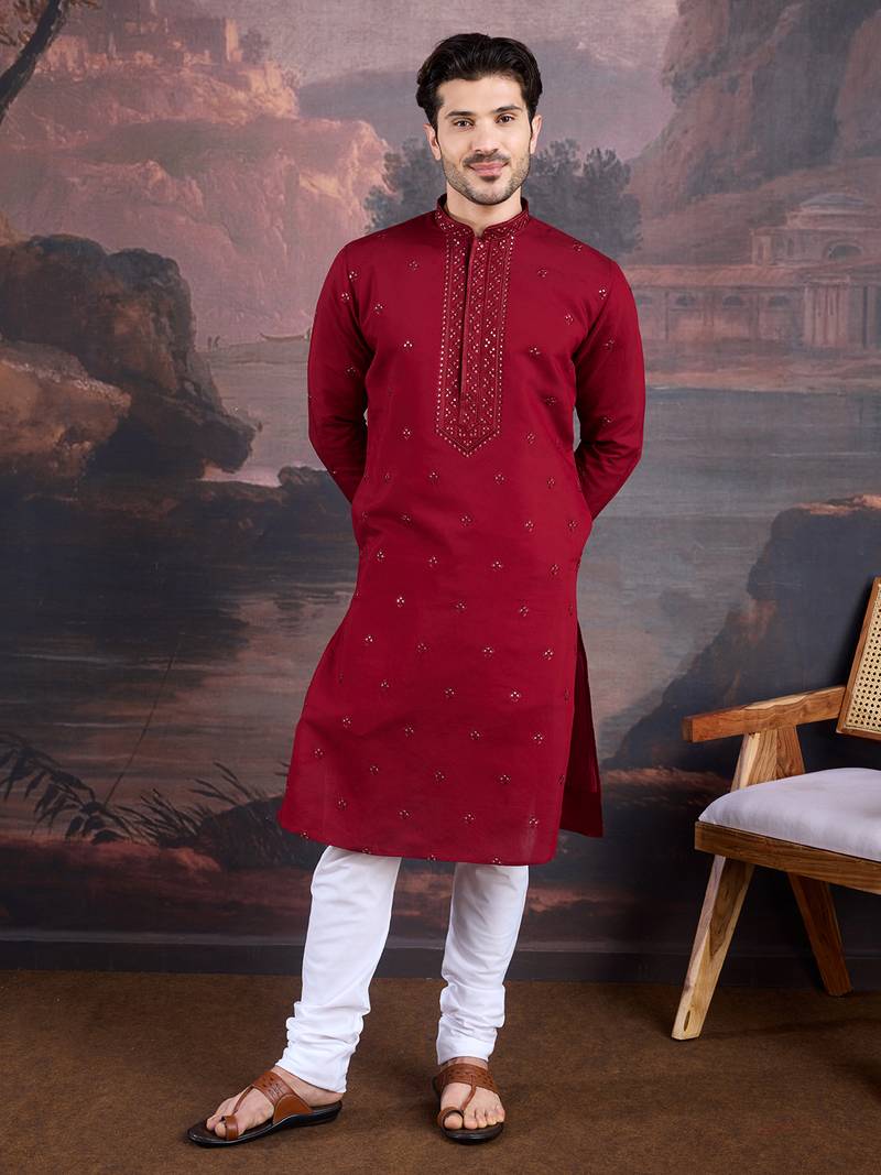 Men's stylish & premium maroon woven kurta set