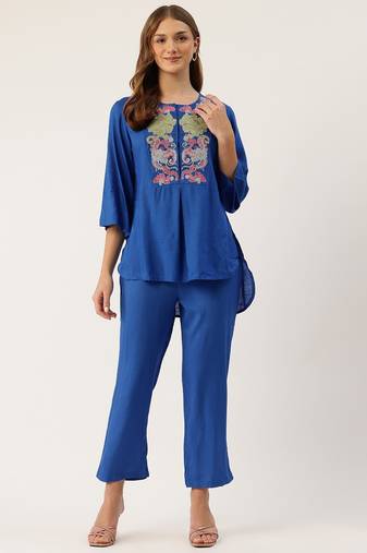 cyan embroidered co-ord set